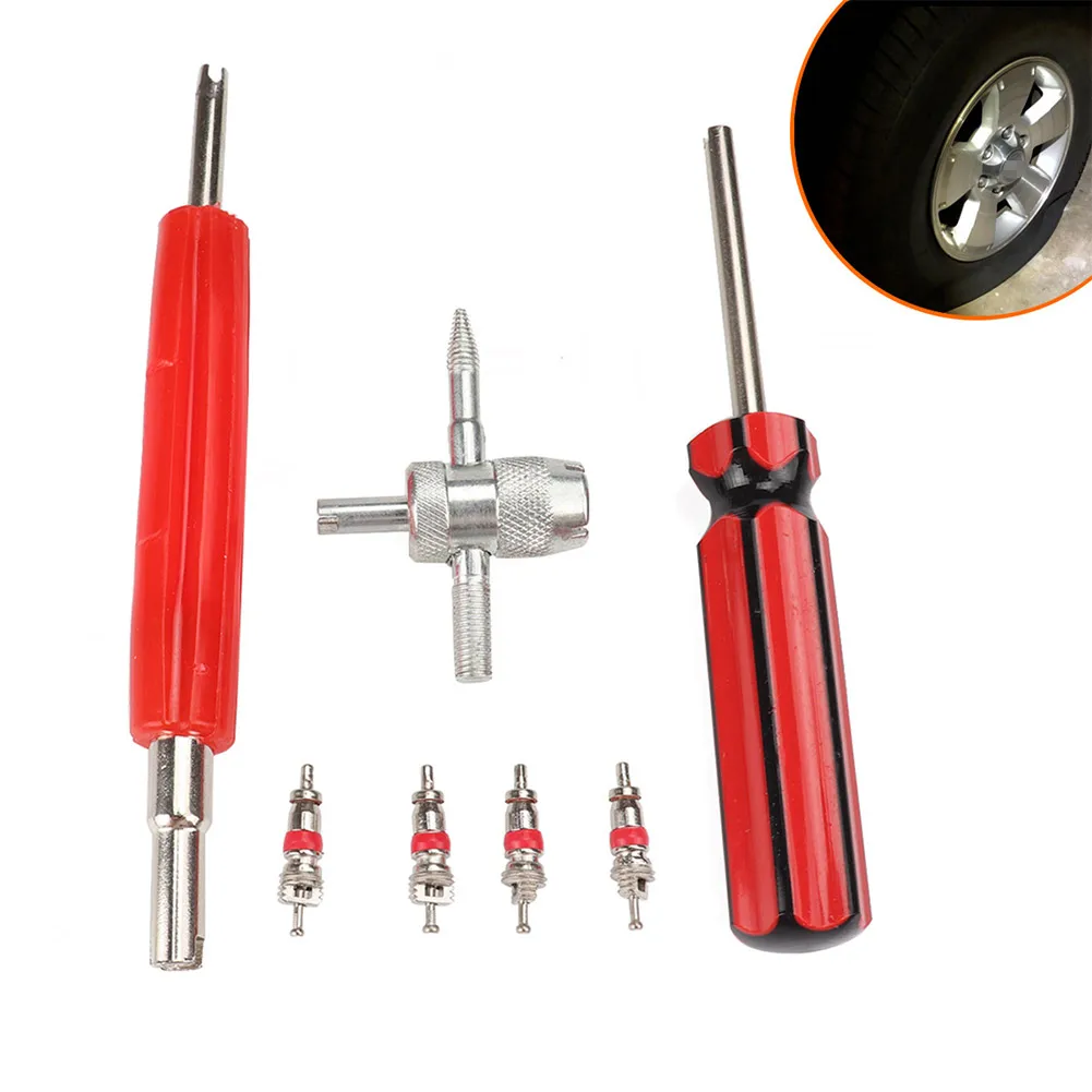 

Portable Tire Valve Stem Removal Tool Kit 4 Way Valve Tool Single and Double Heads Valve Core Remover for Cars Trucks Motorcycle