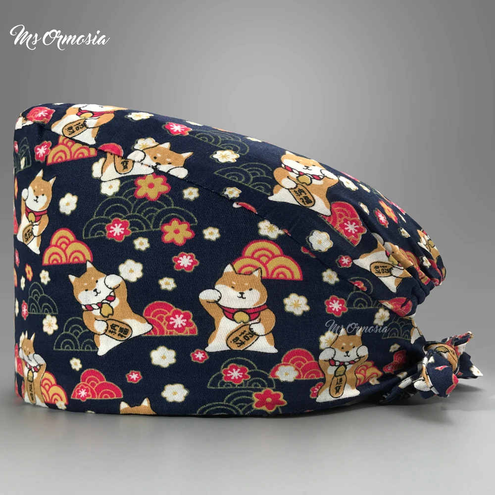 

wholesale Breathable unisex cartoon printing Hospital medical caps Dentist Pet clinic Scrub hat cotton Nurse Cap adjustable new