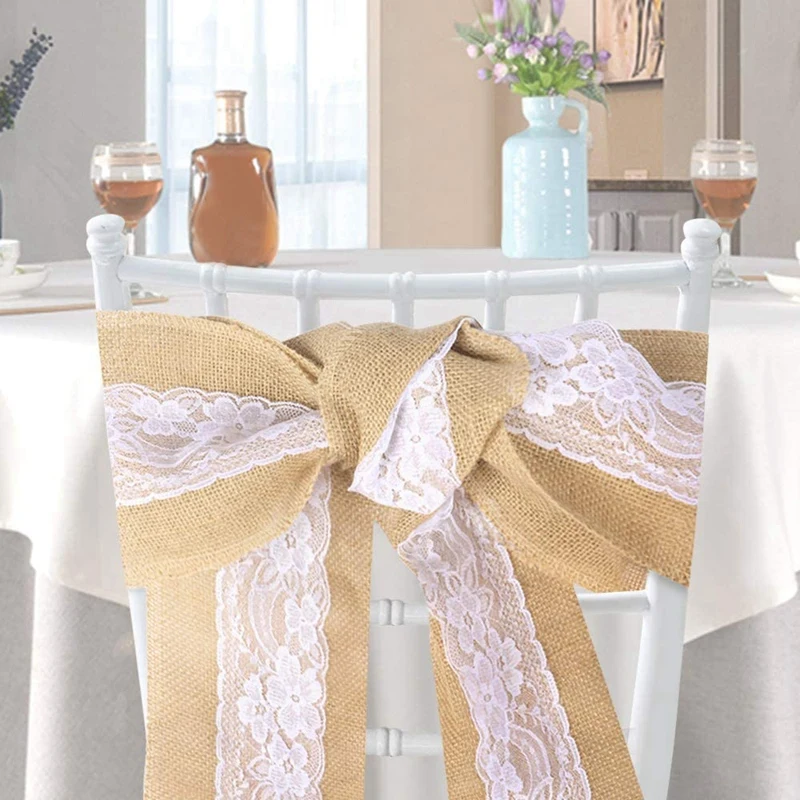 

5Pcs Burlap Lace Chair Sashes Hessian Jute Chair Cover Bows for Wedding Decoration Party Birthday Engagement Home Decor