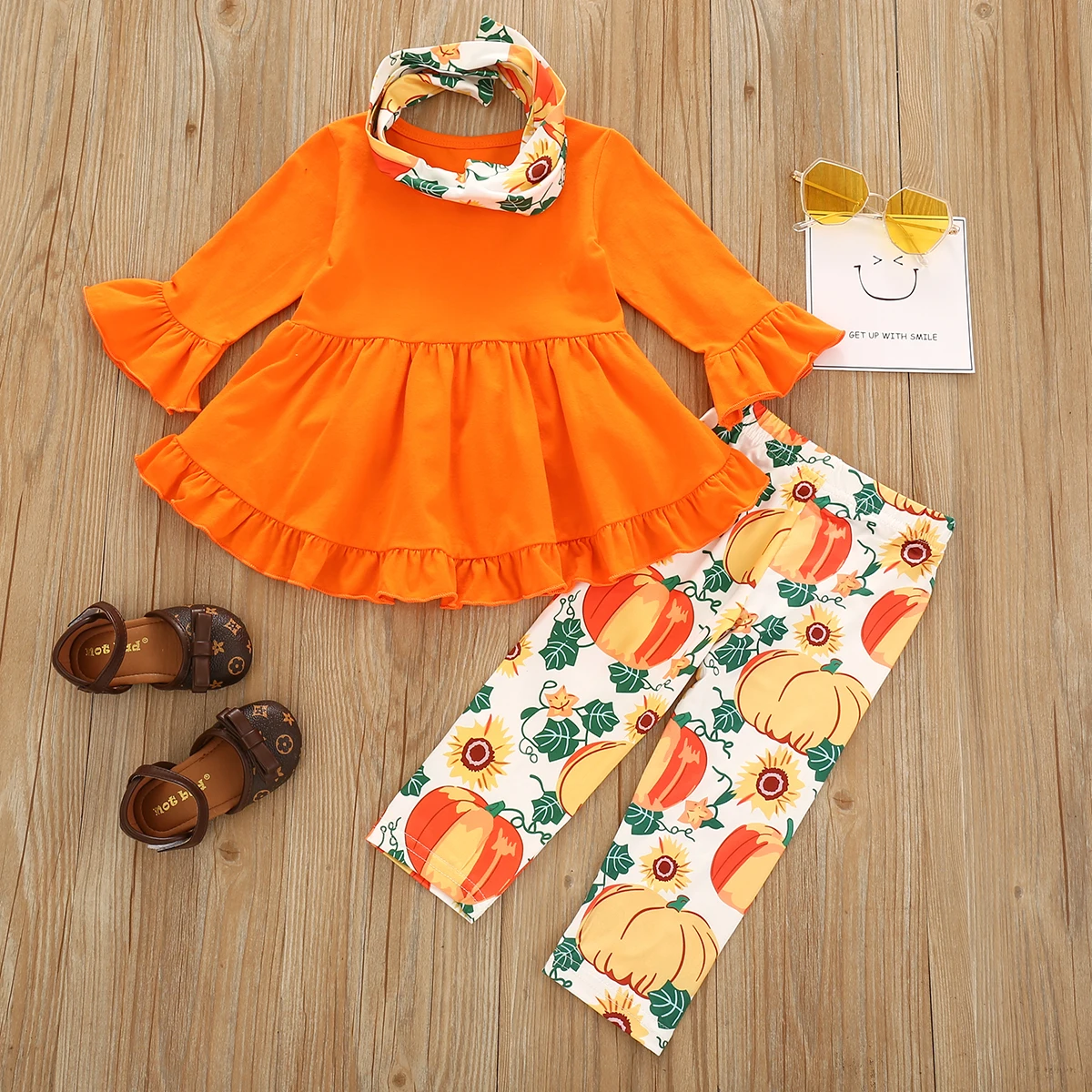 

2020 New Fall Autumn Halloween 12M-6Y Toddler Baby Girls 3Pcs Set Flared Long Sleeve Dress-style Top+Pumpkin Print Pants+Scarf