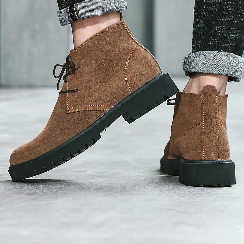 Мужские замшевые ботильоны черные рабочие ботинки на меху шнуровке большие