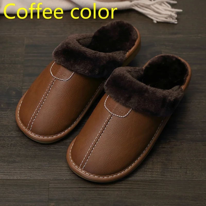 

Men Slippers Black New Winter PU Leather Slippers Warm Indoor Slipper Waterproof Home House Shoes Men Warm Leather Slippers