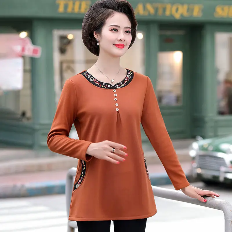 

2021 New Spring Autumn Middle Aged Women Elegant Floral Blouse Female Fashion Casual Bottoming Camisetas Plus Size Shirt Q38