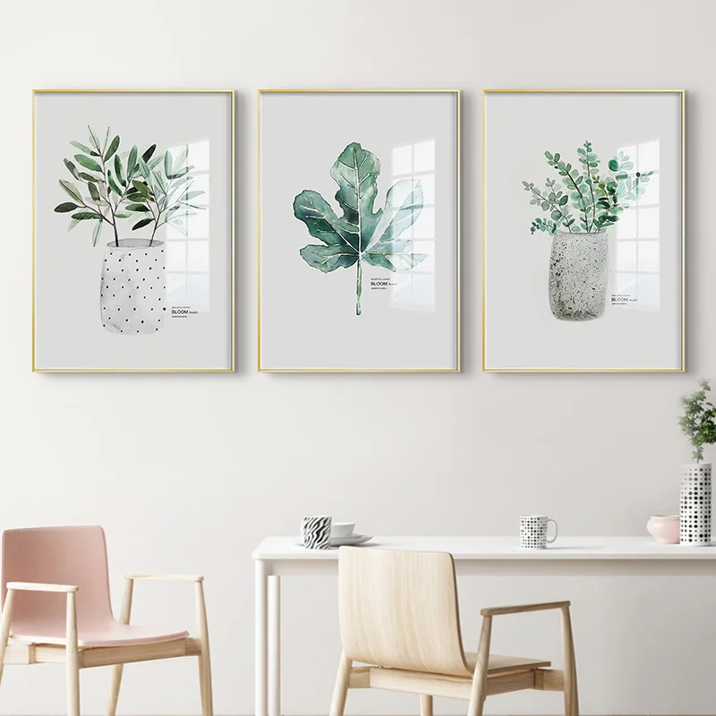 

Nordic Style Spray Color Small Fresh Green Potted Plant Leaf Canvas Modern Painting Wall Picture Poster Living Room Decoration