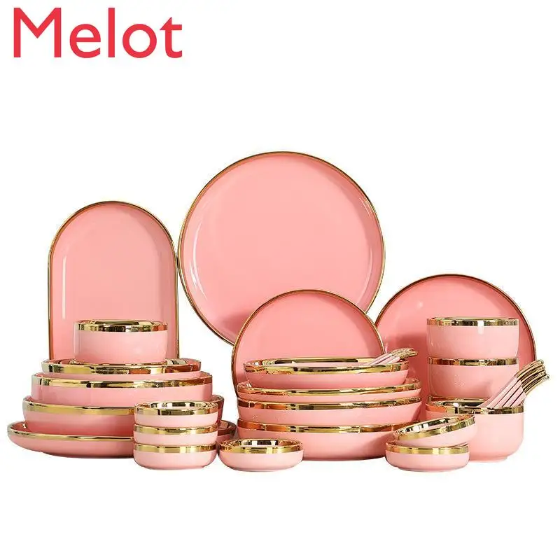 

European High-End Phnom Penh Girl Pink Ceramic Tableware Household Rice Bowl Plate Soup Bowl Salad Bowl Western Food Flat Ware