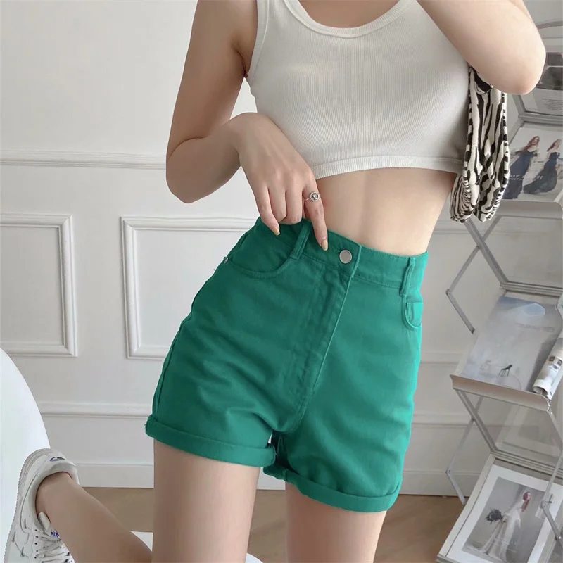 

Summer Green Mom Fit Shorts Women 2021 Za Fashion High Waist Five Pocket Shorts Casual Front Zip Cuffed Hem Female Short Pants