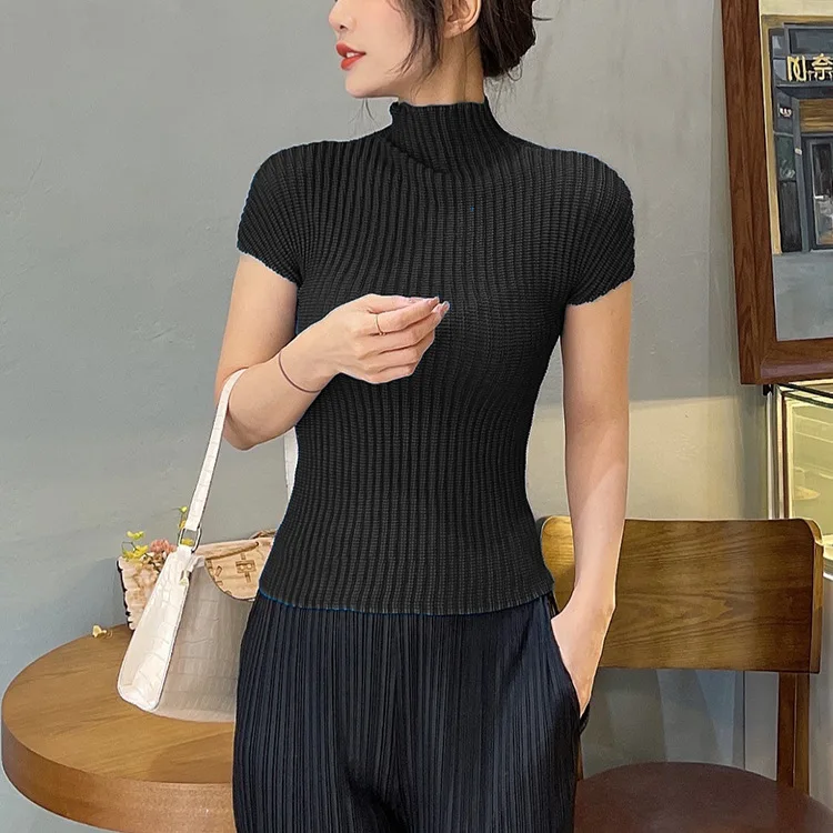 

TVVOVVIN Summer Pleated Turtleneck Short Sleeve Top 2021 New Pleated Slim Elasticity Solid Color T-shirt VMBU