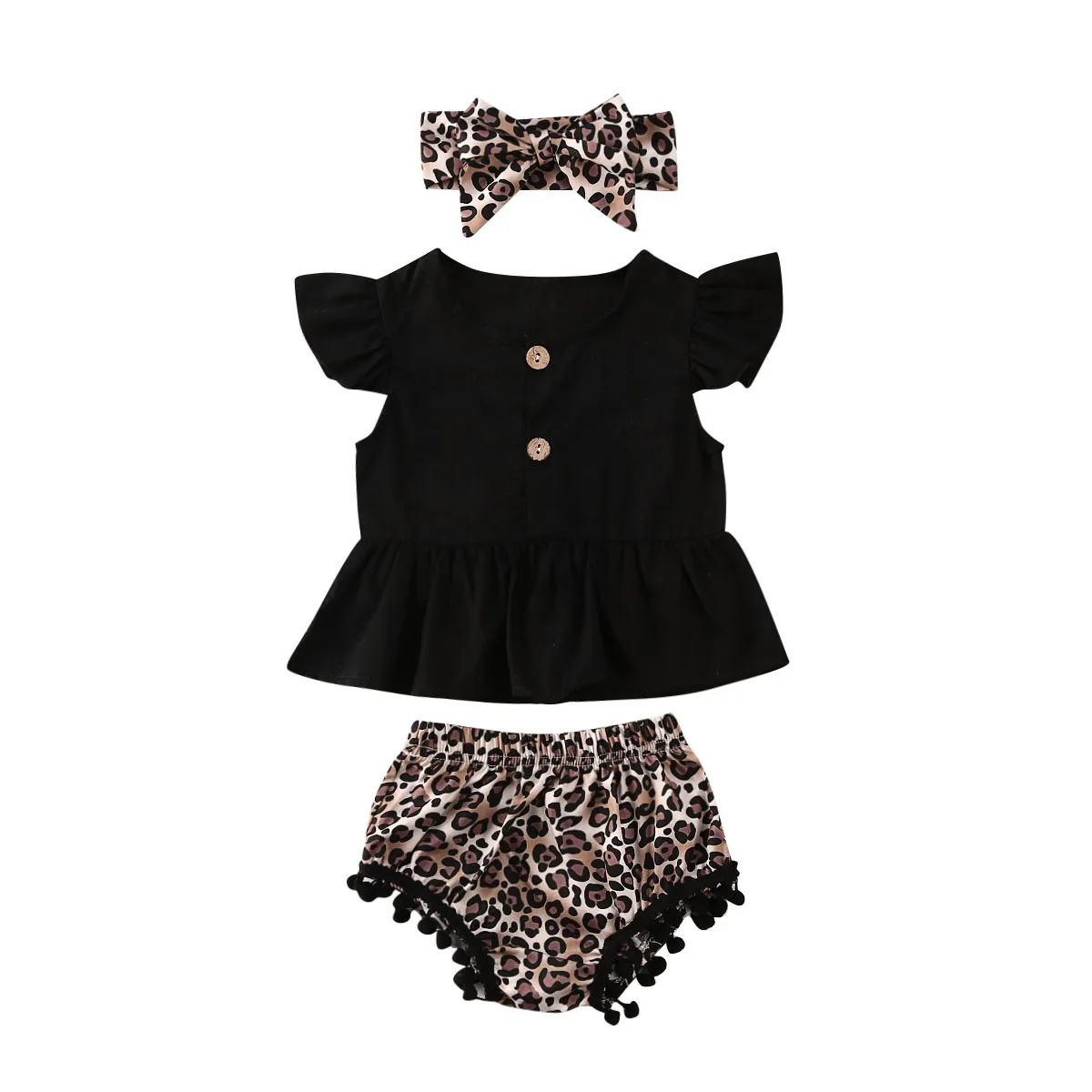 

AA 2020 Newborn Baby Girl Clothes Sets Ruffle Sleeve T-Shirts Tops Tassel Shorts Fashion Leopard Pattern Toddler Set Clothing