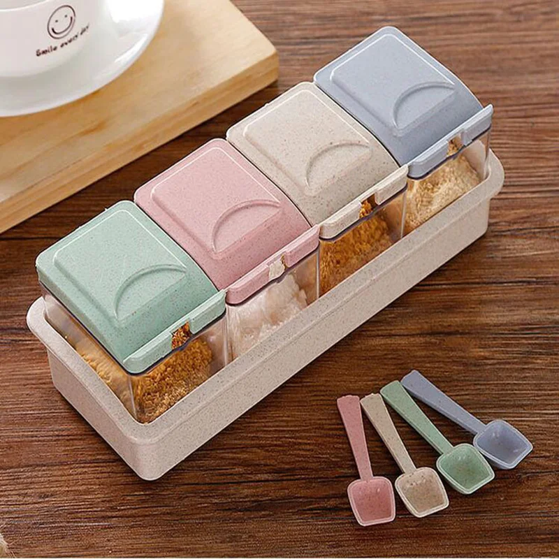 Четырёхячейка кухонный Органайзер хранилище Box специи приправы банка Пшеничная