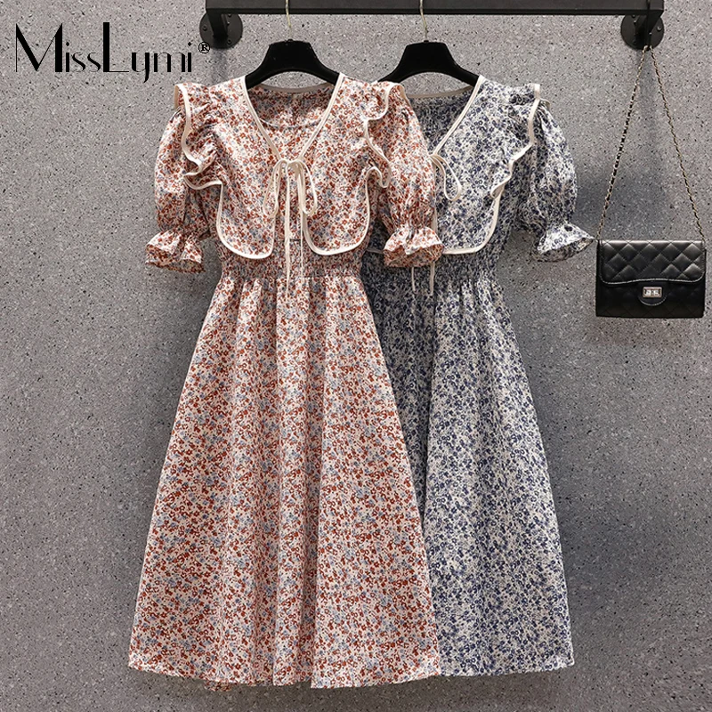 

L-4XL Plus Size Women Floral Dresses Summer 2021 Removable Ruffle Shawl Short Sleeve Loose A-Line Chiffon Vintage Midi Dress