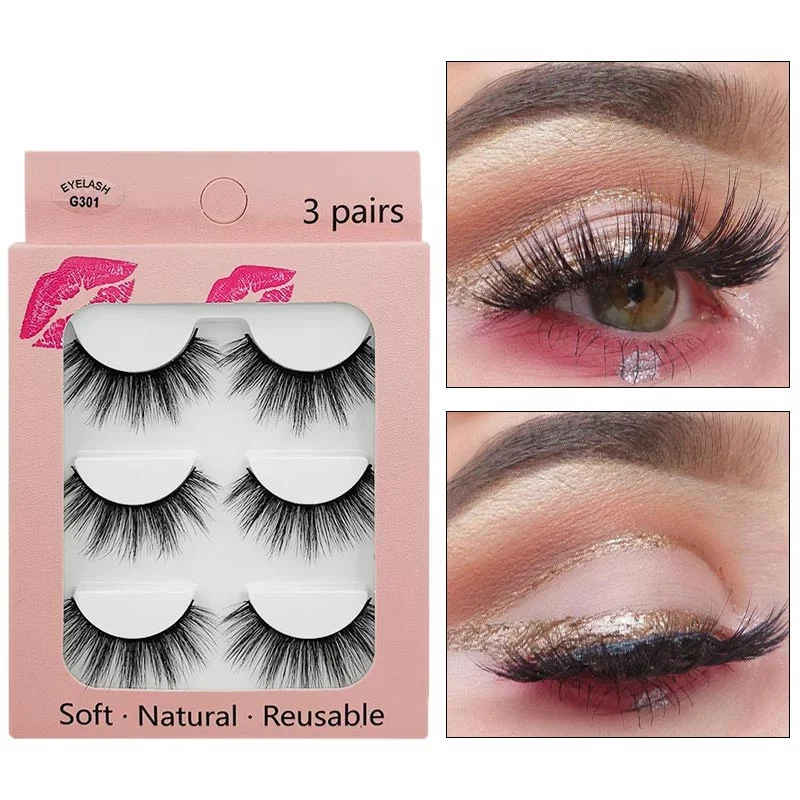 3Pairs Natural Dense Slender Curling Handmade Fake Eyelash 3D Imitation Mink False Eyelashes Long Makeup | Красота и здоровье