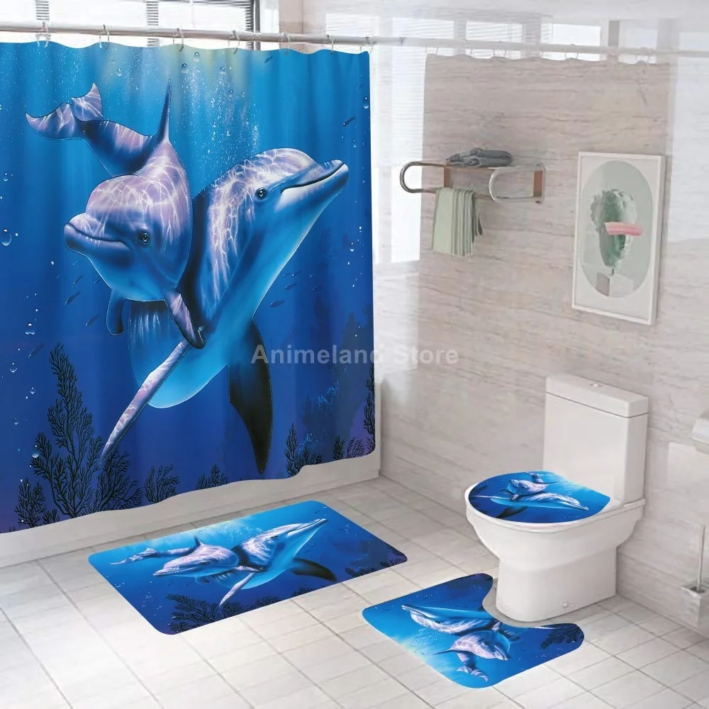 Animal Dolphin Shower Curtains Fashion Bathroom Curtain Bath Sets Toilet Cover Mat Non-Slip Washroom Rug Set Modern 180x180cm