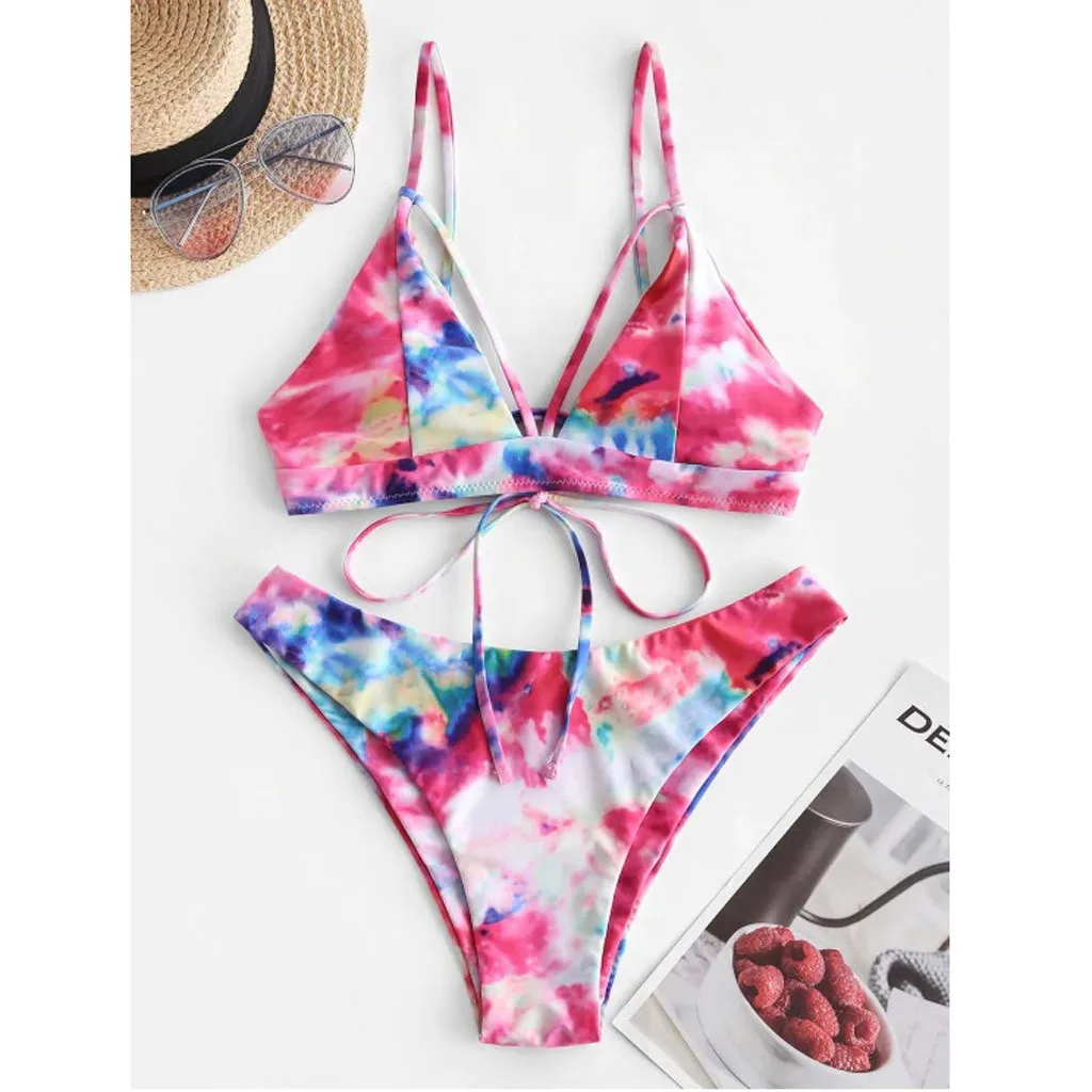 Сексуальный бикини с галстуком краской Maillot De Bain Femme Swmsuit на шнуровке высоким