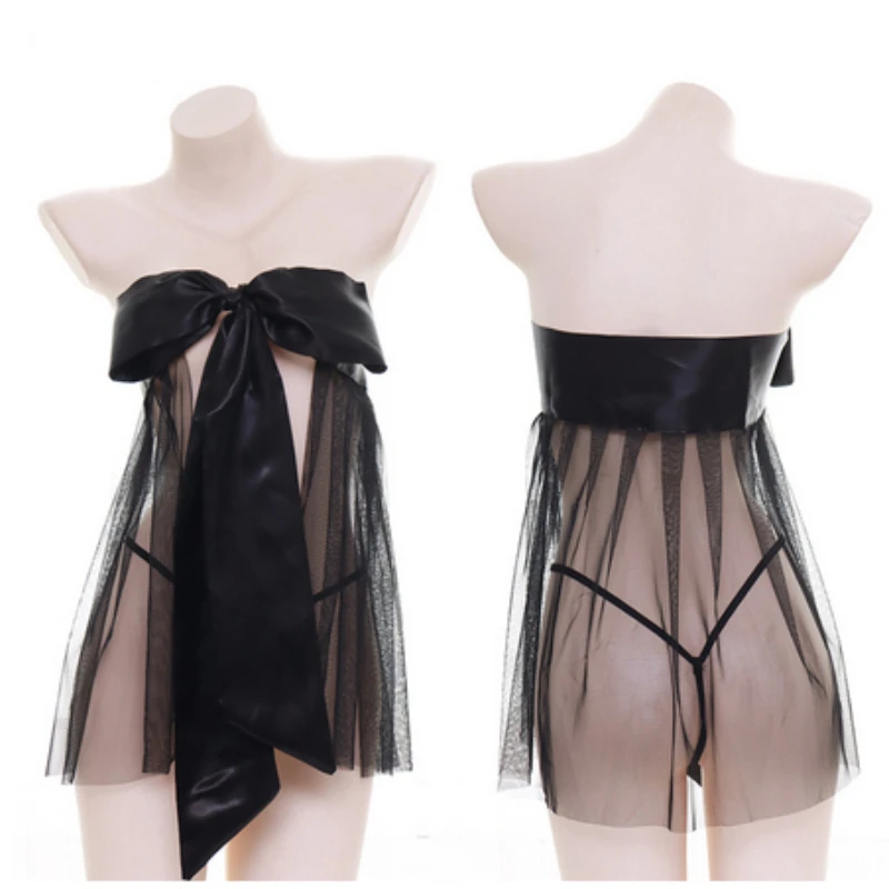 

Ladies sexy net yarn sexy pajamas transparent nightdress wrapped chest open back big bow Harajuku home service solid color