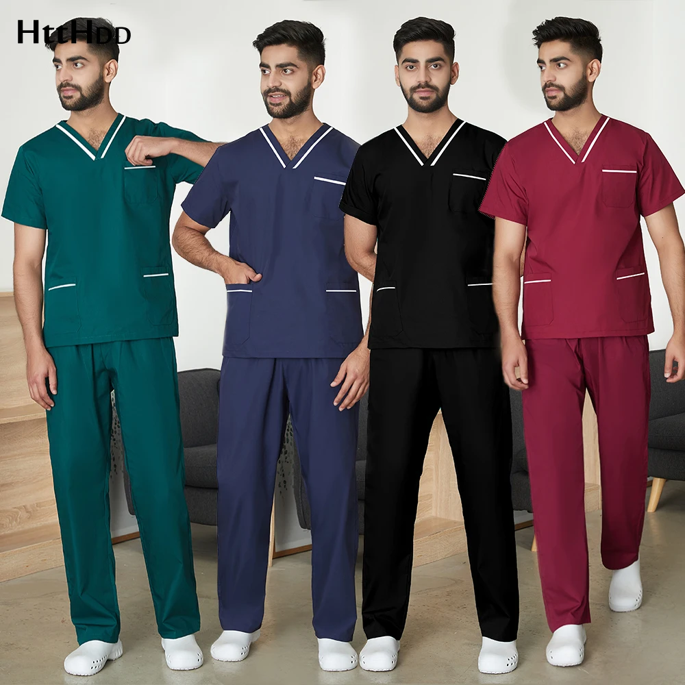 Men's Solid Color Medical Uniform Set Male Wholesale Clinic Hospital Doctor Overalls V-neck Fashion Scrub Pharmacy Nurse Clothes