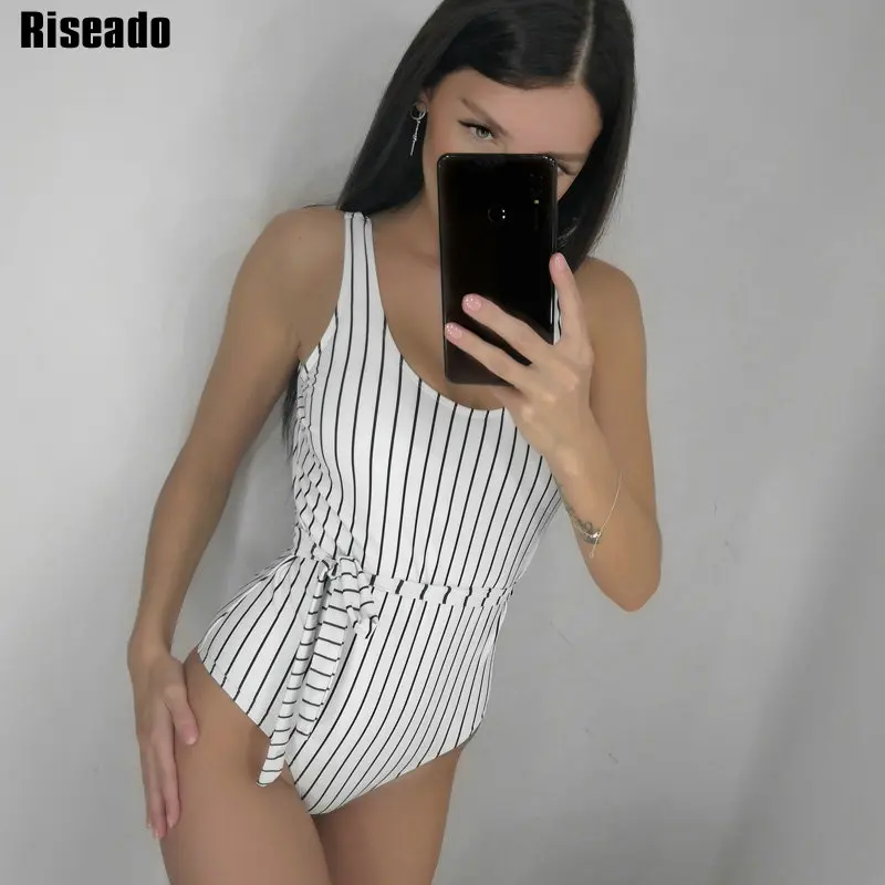 Riseado, сексуальный цельный купальник с поясом, полосатый принт, купальные костюмы, женский купальник,, u-образный вырез, летняя пляжная одежда, Плавленая