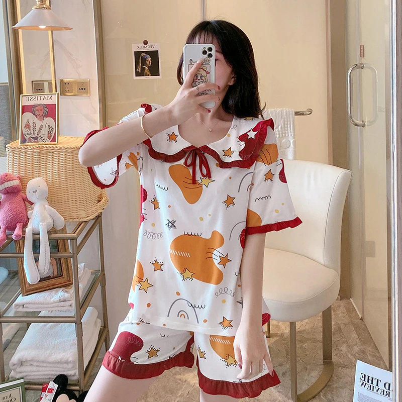 

Summer Cartoon Cute Print Women Pajamas Set Large Size Short Sleeve Pyjamas College Style Female Home 2 Piece Sleepwear 8113