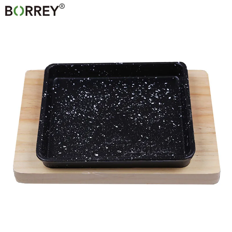 

BORREY2Pcs/Set Square Grill Pan Cast Iron Black Tray For Steak With Wooden Base Steak Pan Fajita Server Plate Restaurant or Home