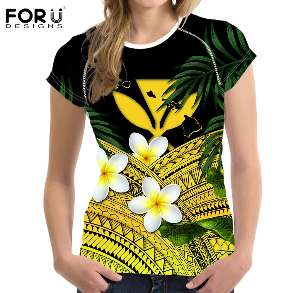

FORUDESIGNS Ladies Fashion Round Neck Short Sleeved Tees Tropical Traditional Tribe Prints Women Elastic Summer Slim Outfits