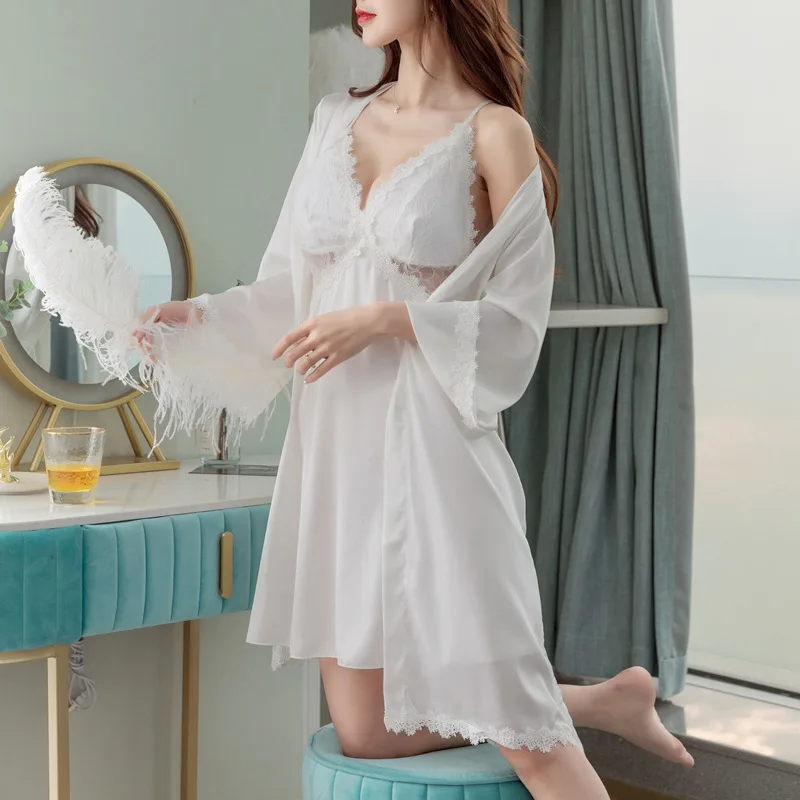 

Sexy Silk Pajamas Backless Cutout Sling with Chest Pad Nightdress Two-Piece High-End Satin Long Sleeve Elegant Bath Robe Spring