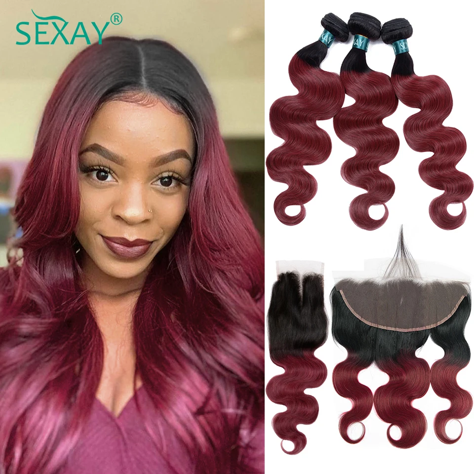 

Sexay Burgundy Bundles With Closure 4x4 Remy Wine Red Malaysian Body Wave Human Hair Weave 2/3 Bundles With 13x4 Lace Frontals