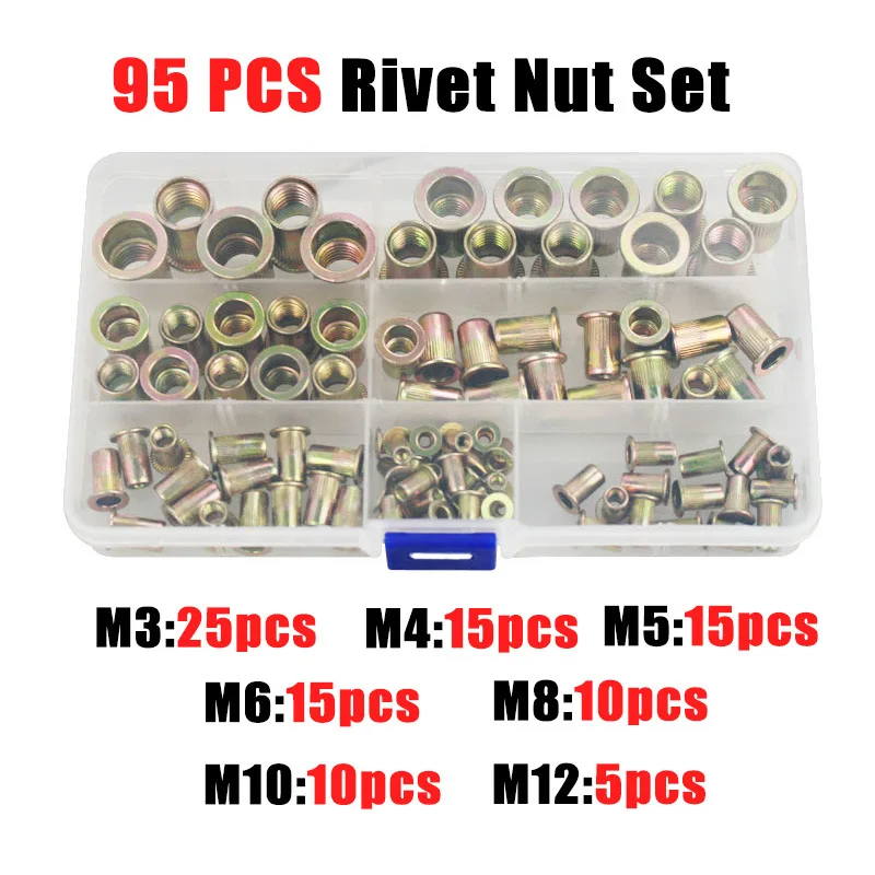 

95pcs Carbon steel Rivet Nuts M3 M4 M5 M6 M8 M10 M12 Zinc Plated Knurled Nuts Flat Head Threaded Rivet Insert Nutsert Cap Rivet