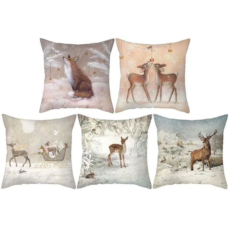

2021 Merry Christmas Pillow Case Xmas Deer In Forest Picture Cushion Cover For Home Sofa Decor Short Plush Pillowcases