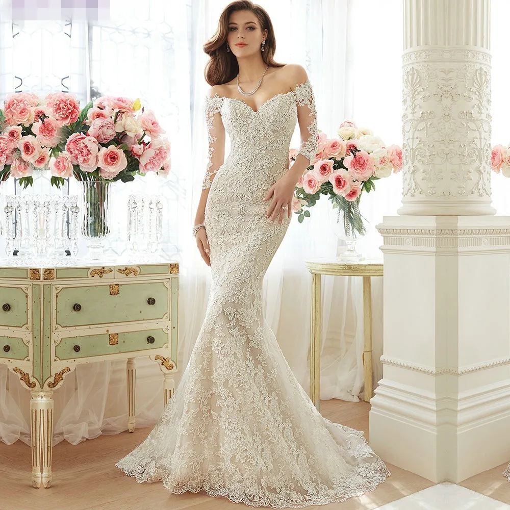 

Женское кружевное платье-русалка, винтажное Элегантное свадебное платье с открытыми плечами и рукавом 2018, платье для матери невесты, 3/4