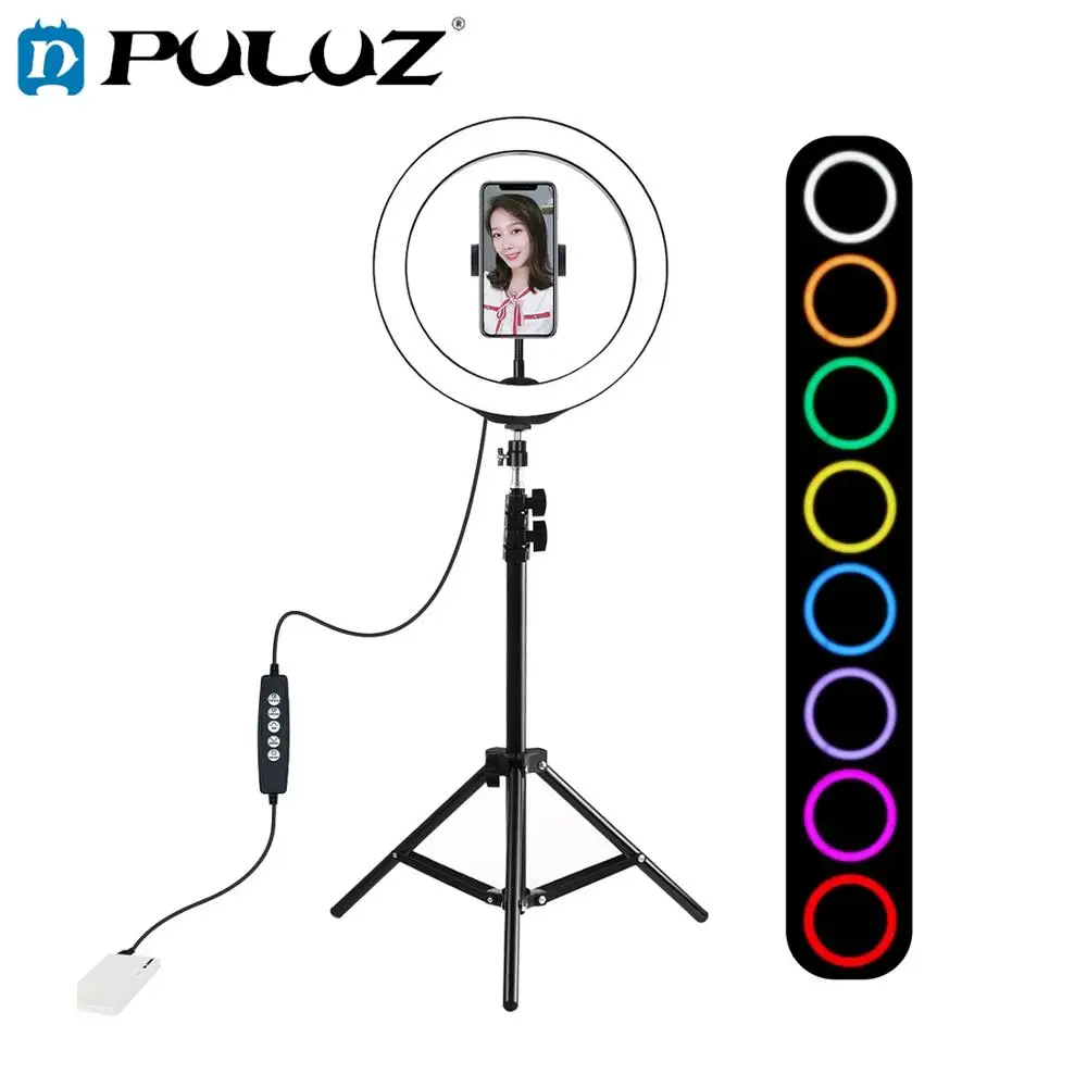 

PULUZ 1.1m Tripod Mount + 10'' 26cm RGBW LED Ring Vlogging Video Light Live Broadcast Kits+Tripod Ball Head&Phone Clamp