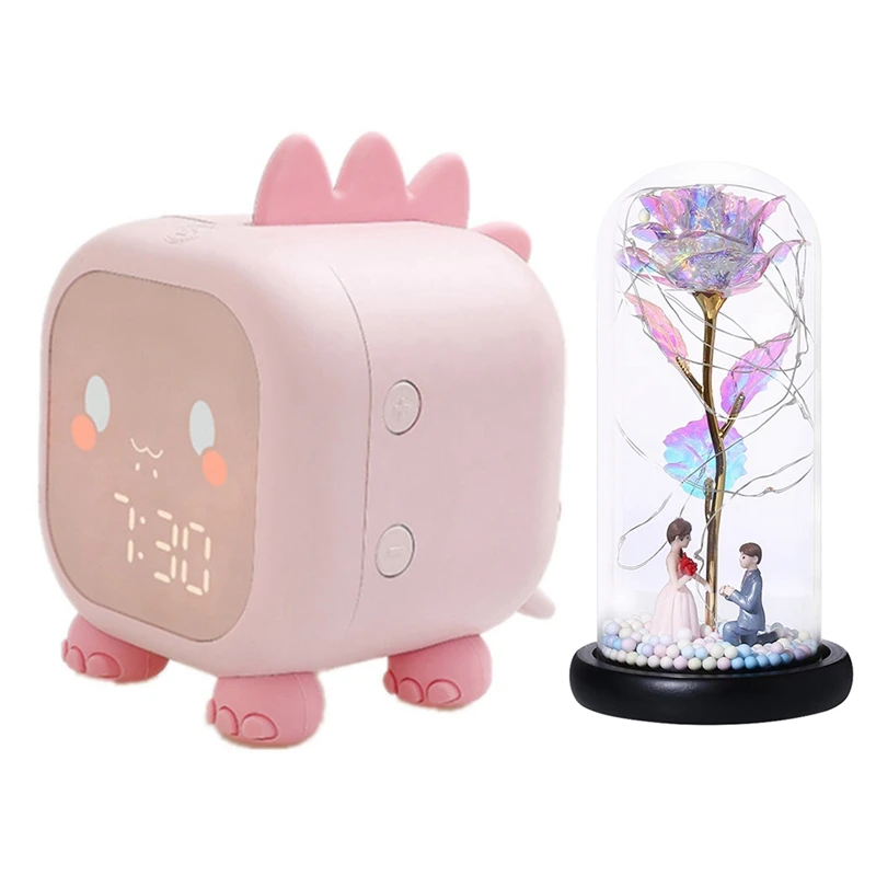 

1 Pcs Wedding Rose Flower With Lamp Glass Cover Decoration Light & 1 Pcs Cute Dragon Small Clock Led Cartoon Alarm Clock