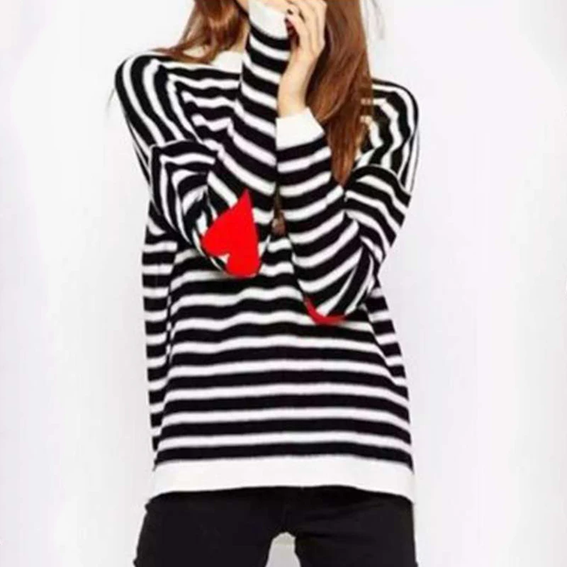 

Spring and autumn new round collar stripe loose knit sweater fashionable red heart sets a woman of the head sweater