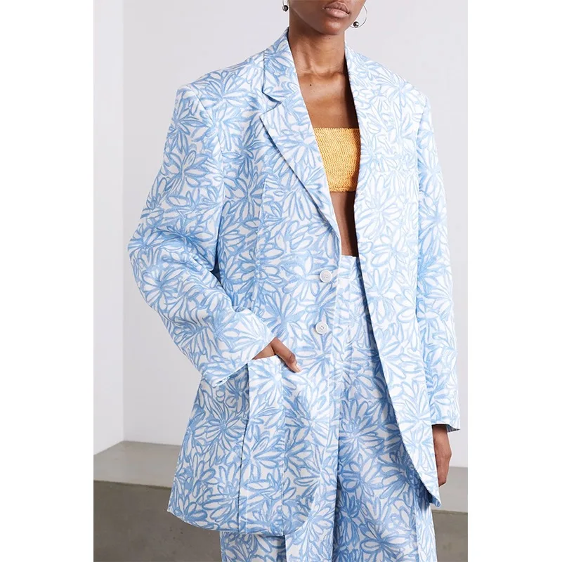 2020 Autumn Trendy Brand Design Retro Printing Women Blazer Long Sleeve Single Breasted Female Blue Flowers Profile Coat J2