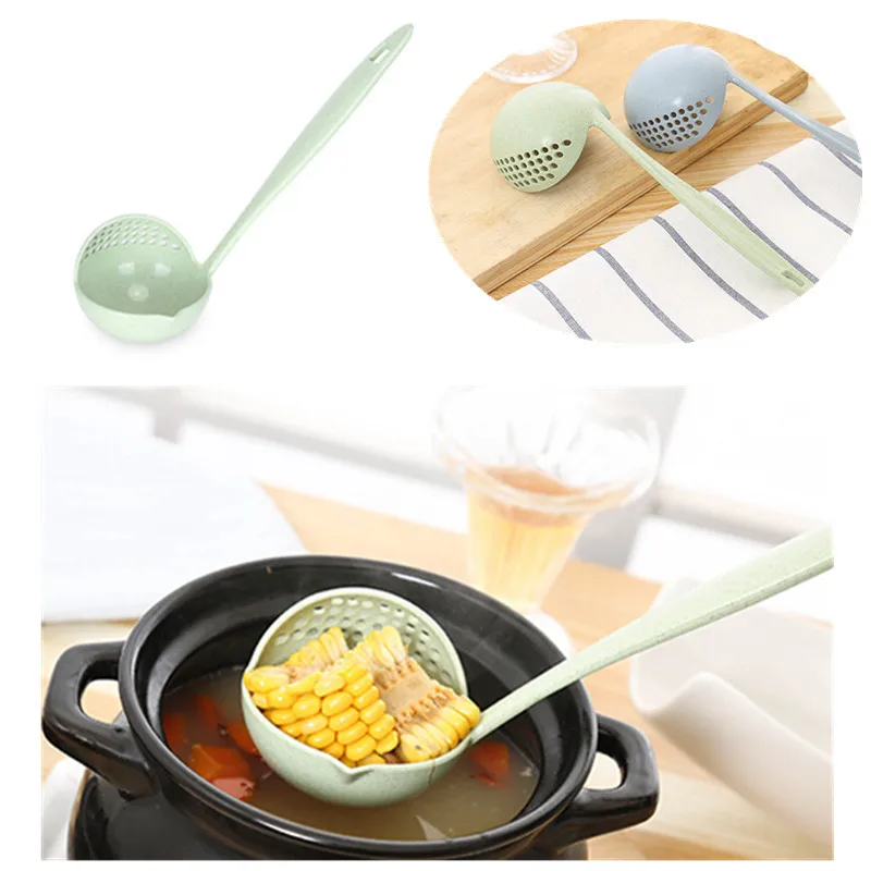 2 In 1 Plastic Creative Wheat Straw Soup Spoon Long Handle Lovely Porridge Spoons With Filter Dinnerware Kitchen Colander Tools | Дом и сад