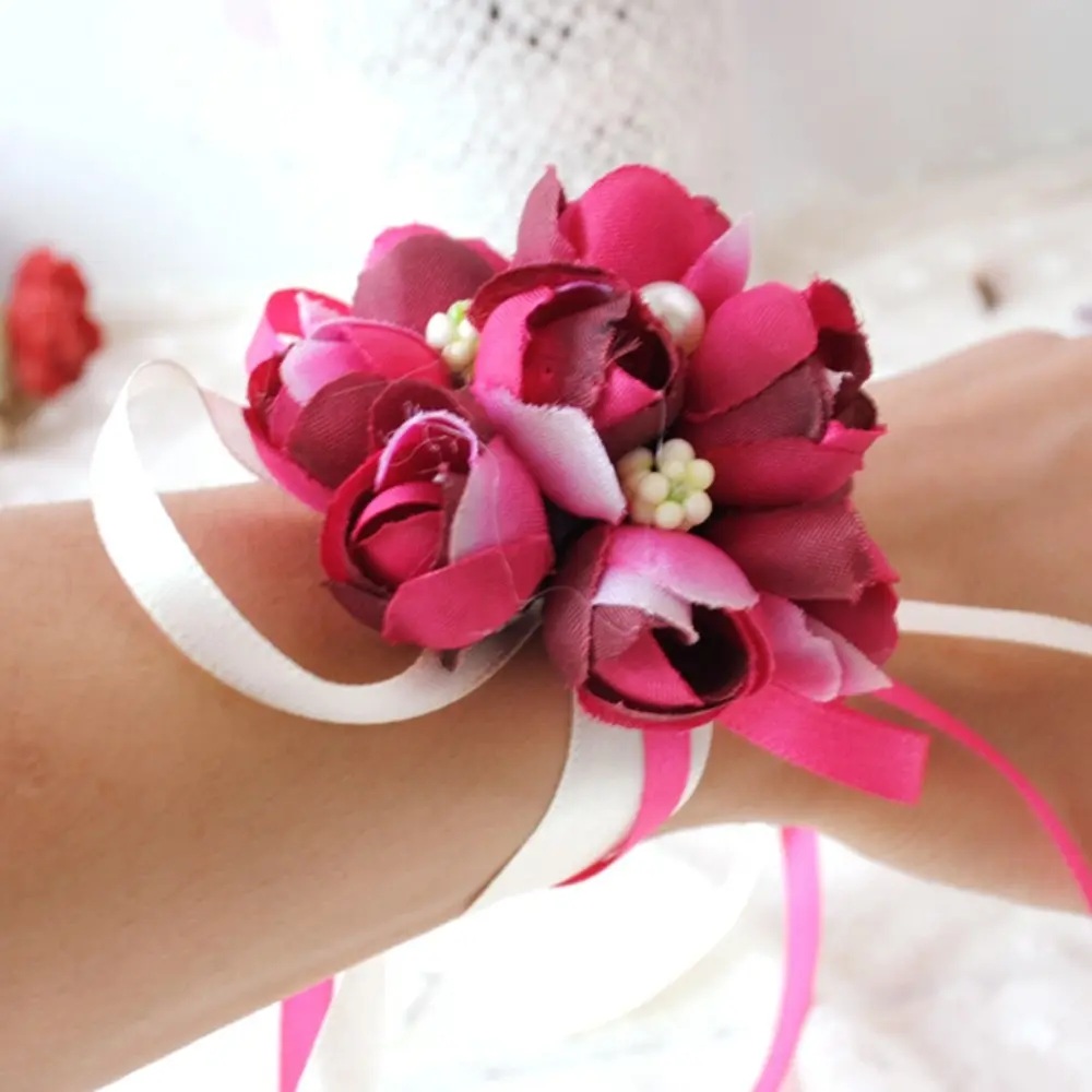 

Wrist Flower Rose Silk Ribbon Bride Corsage Hand Decorative Wristband Bracelet Bridesmaid Curtain Band Clip Bouquet