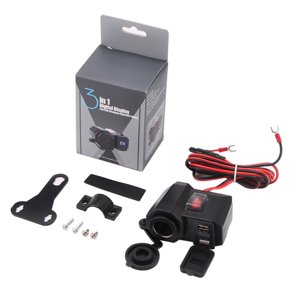 

3 In 1 Motorcycle Cigarette Lighter Digital Display Voltmeter Motorcycle Mobile Phone Charger Waterproof Dual USB Quick Charge