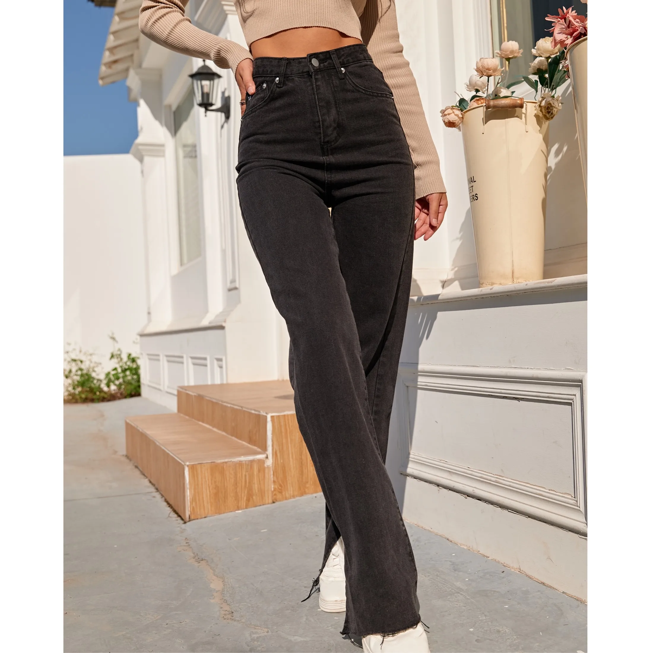 Новые черные прямые джинсы ZHISILAO для женщин джинсовые брюки в стиле бойфренда с