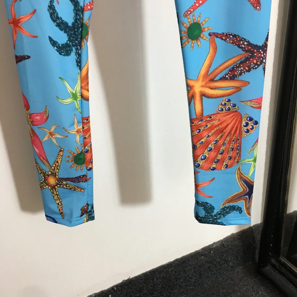 110684 Spring Summer New High Quality Luxury Elastic Waist Women Shell Starfish Fashion Print Pants High Street Slim Leggings V2