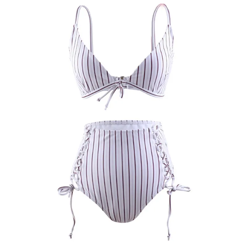 

2020 Women Swimsuit Striped Two Piece High Waist Bikini Swimming Sets Push Up Padded Swimwear Women Bikini Beach Wear