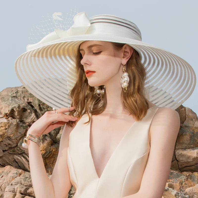 

Dome Bowknot Feather Big Eaves Sunshade Hat Female Accessories for Women