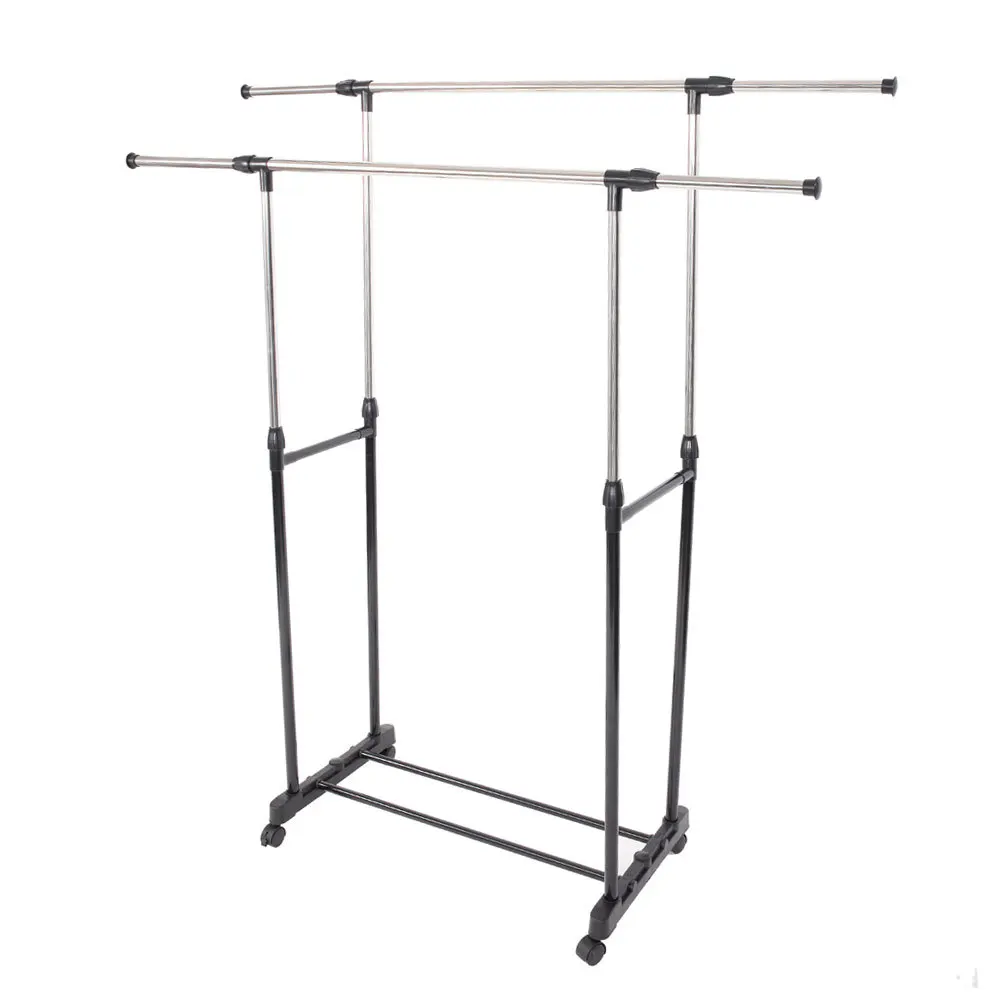 Adjustable Clothing Closet Furniture Dual-bar Stretching Clothes Bedroom Hanger Assembled Coat Rack Stand With Shoe Shelf Tools | Мебель