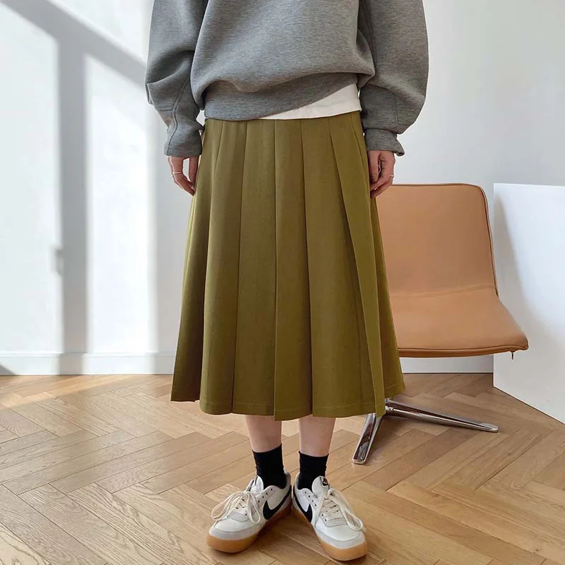 

Spring and autumn women's casual solid color high waist pleated skirt