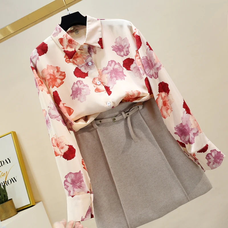 

2021 Autumn New Retro Fashion Temperament Blouse Female Lapel Loose Wild Blusa Casual Floral Chiffon Shirt DK1345