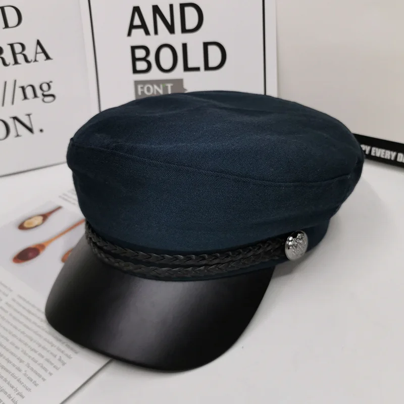 Navy Cotton Британский стиль, военная шапка из искусственной кожи, осенне-зимняя шерстяная шляпа моряка для женщин, черная плоская Женская кепка для путешествий, Кепка Капитана - Цвет: Navy Cotton