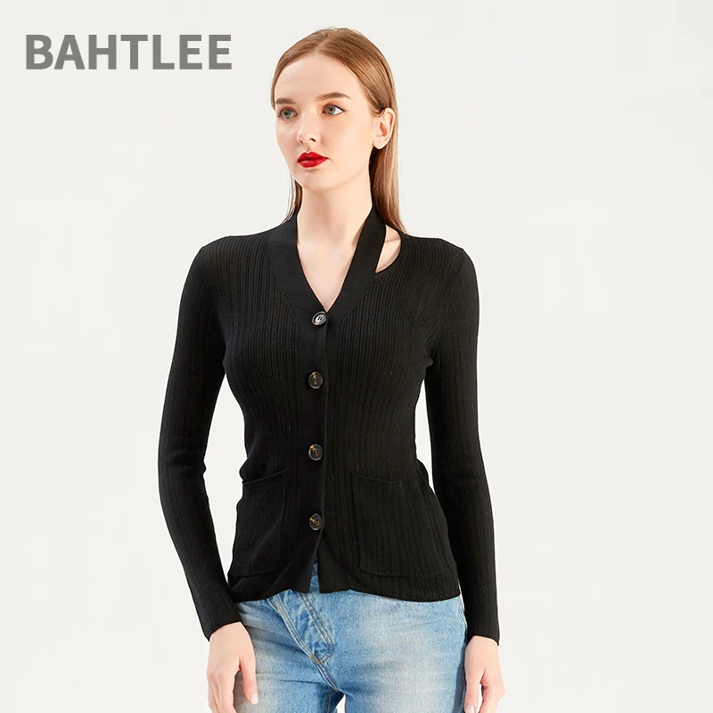 Женский кардиган с дырками BAHTLEE удлиненный однобортный Кардиган в полоску v