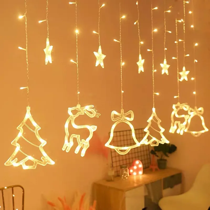 8 Modes Chrismas Decoration LED String Lights Star Lights Chain with Christmas Pendants Tree Deer Bell