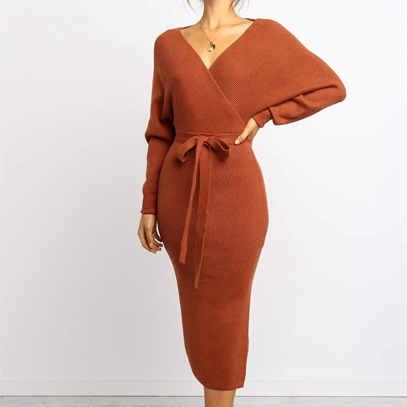 Женское трикотажное платье-свитер с длинным рукавом и V-образным вырезом |