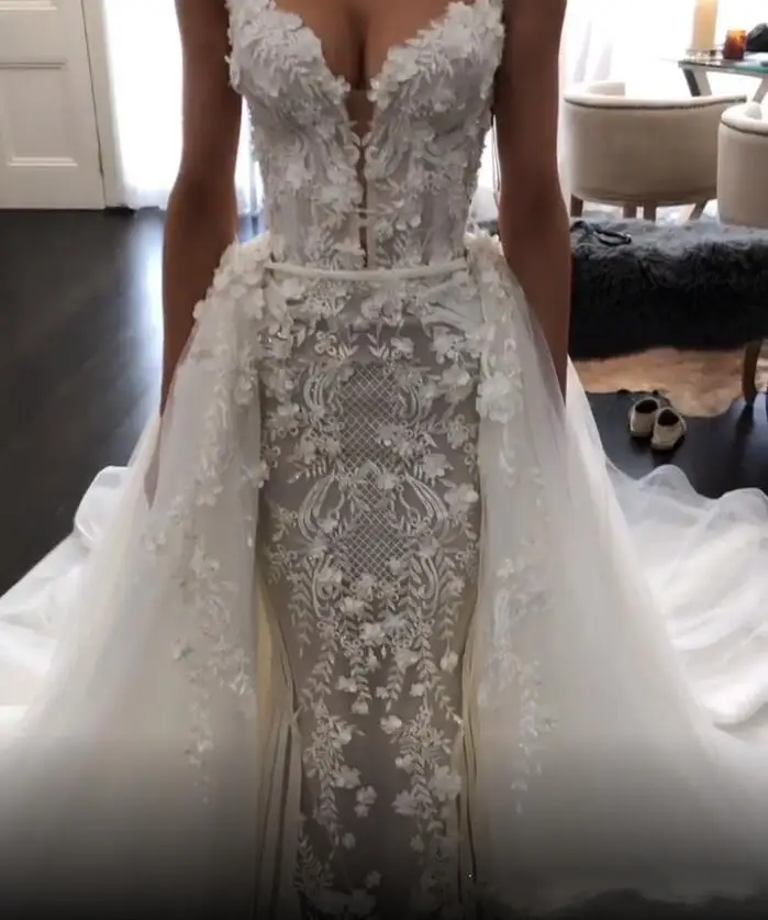 Vestidos замок Спагетти Русалка Свадебные платья со съемным шлейфом Кружевная аппликация из бисера Свадебные платья с кристаллами