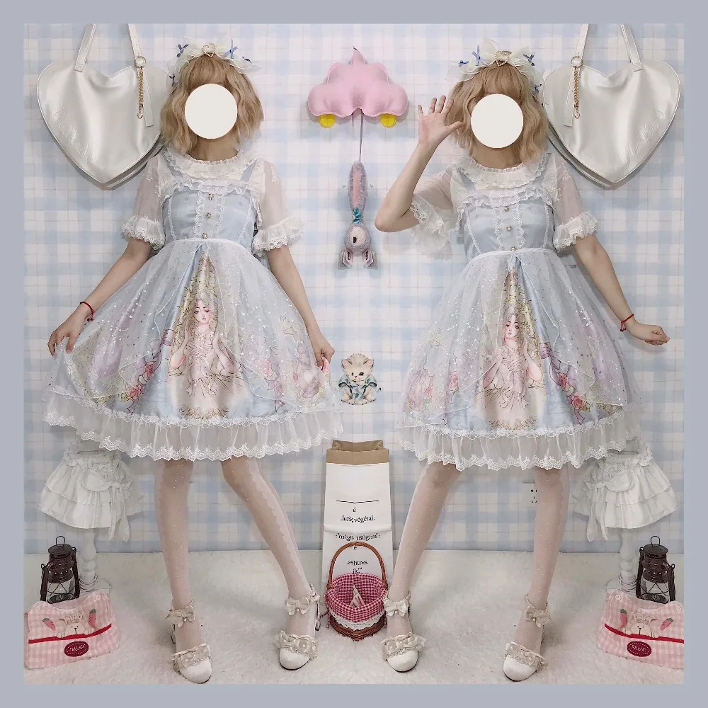 Kawaii/платье в японском стиле «Лолита»; мягкое милое красивое платье на бретелях для девочек; Сетчатое летнее платье