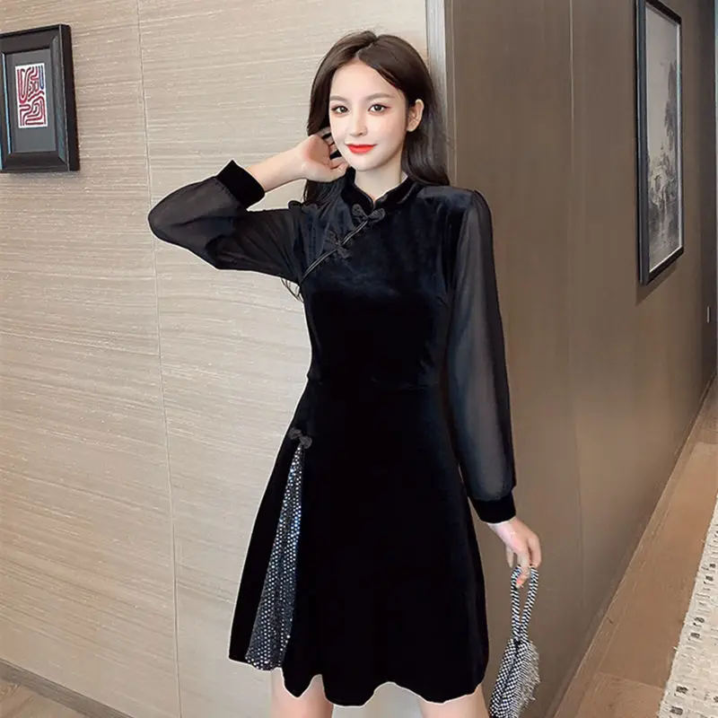 

Chinese Style Girl's Velvet Cheongsam Dress Spring/autumn Long Sleeve Mesh Splicing Mandarin Collar Sexy Black Dresses for Women
