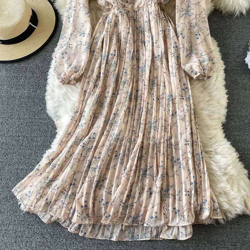 

LoveFlowerLife New Spring Autumn Vintage Puff Sleeve Dress A Line O Neck Mid Calf Floral Print High Waist Women Dresses